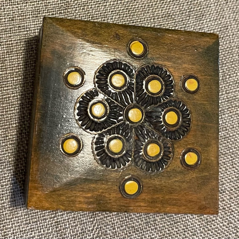 Vintage Wooden Trinket Box with Yellow Accents